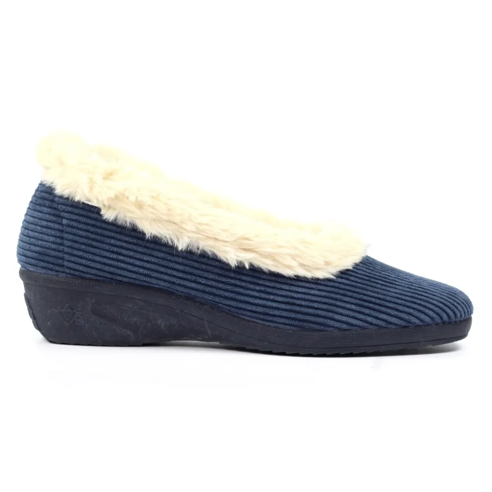 Lunar Shoes Hausschuh*Blauer Glynis-Pantoffel Mit Keilabsatz Und Pelzbesatz