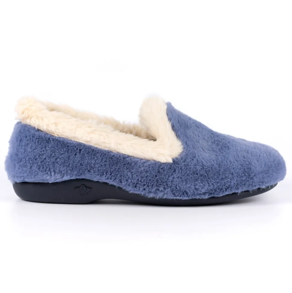 Lunar Shoes Hausschuh*Blauer Slipper mit Pelzbesatz von Shake