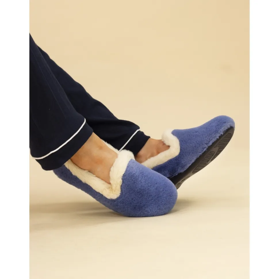 Lunar Shoes Hausschuh*Blauer Slipper mit Pelzbesatz von Shake