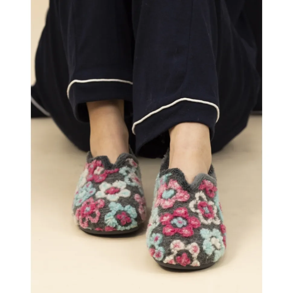 Lunar Shoes Hausschuh*Hippie-Slipper mit grauer Blume