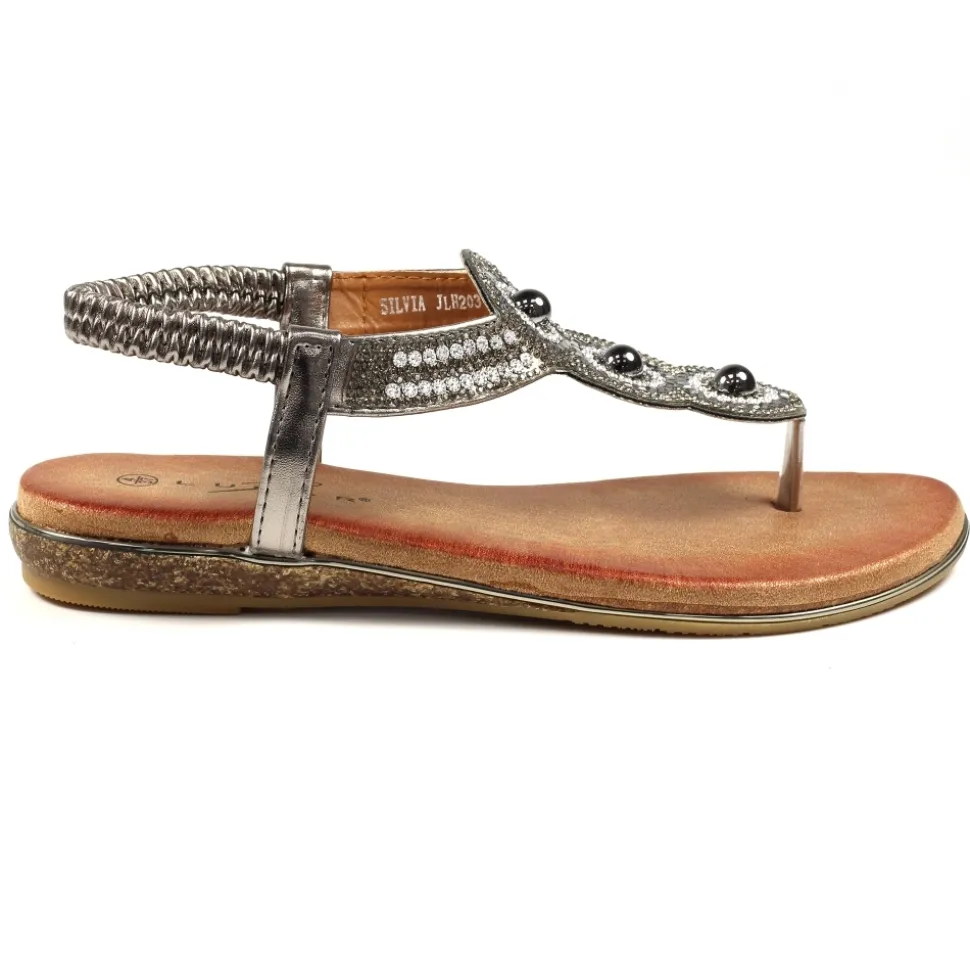 Lunar Shoes Elastisch | Zehensteg*Silvia – Sandale Aus Zinn Mit Zehensteg Und Schmucksteinen